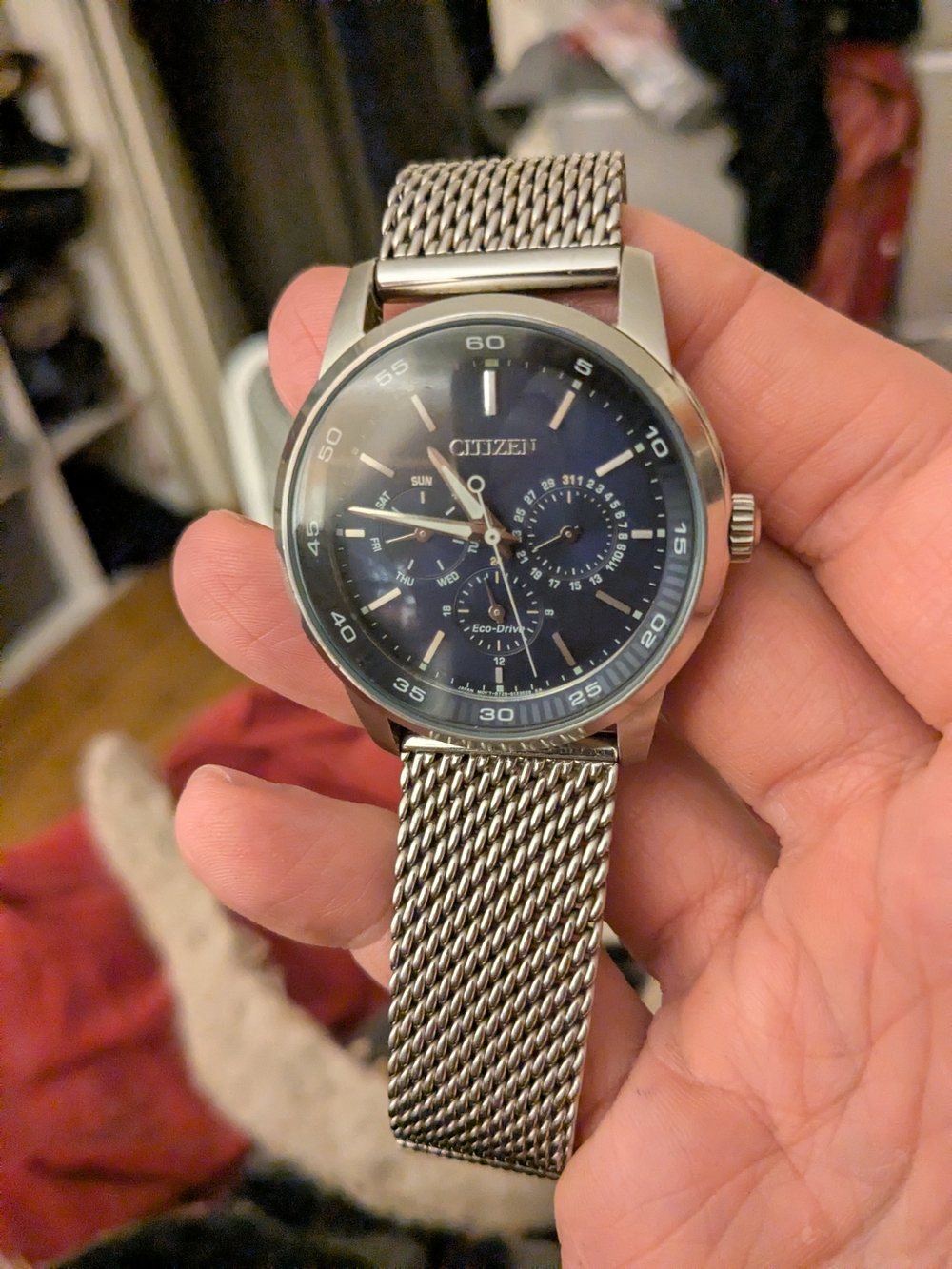 Citizen Eco Drive Solar Powered Silver Mesh Watch with Blue Face